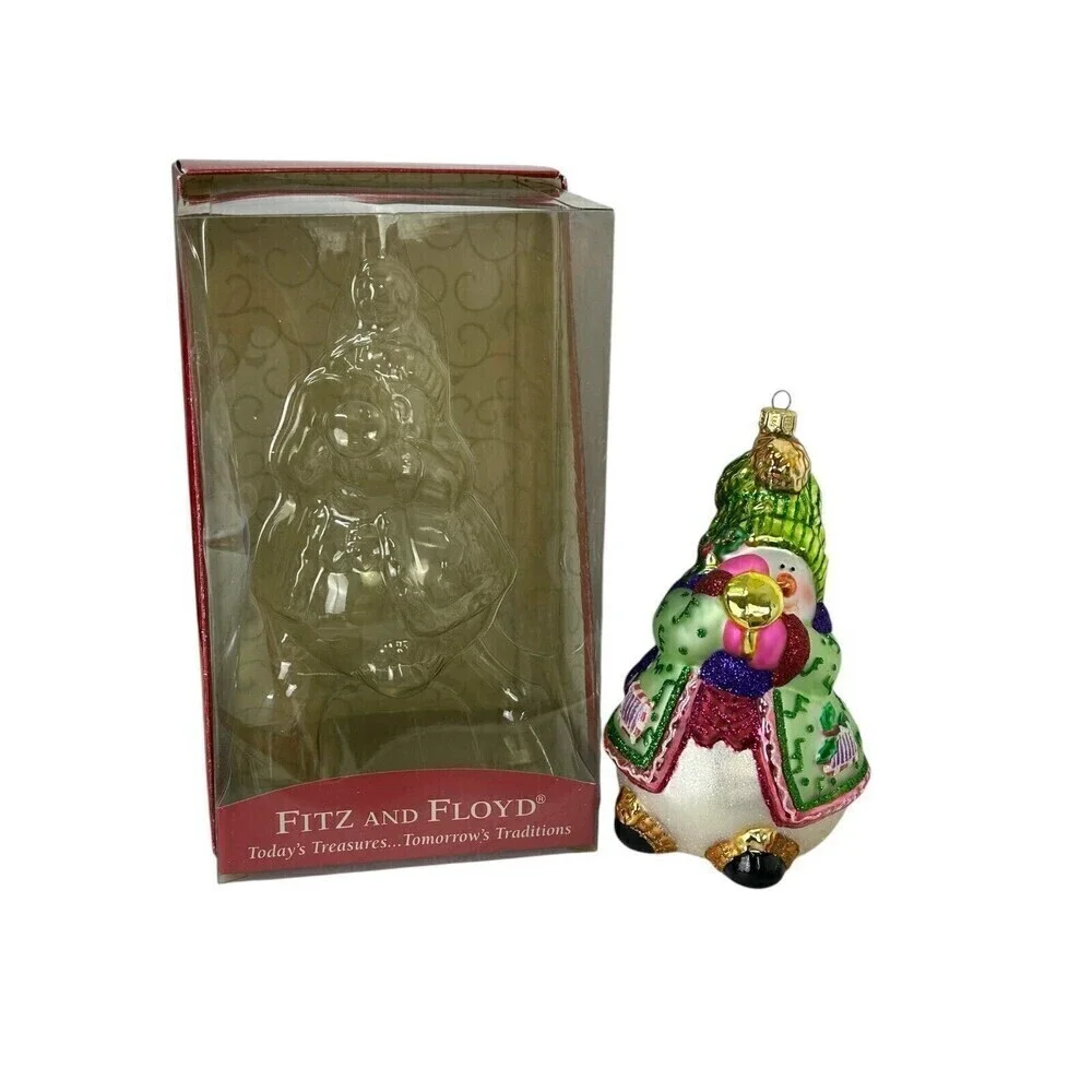 Vintage Fitz And Floyd Large 7 Inch Glass Christmas Ornament Snowman Horn Rck
